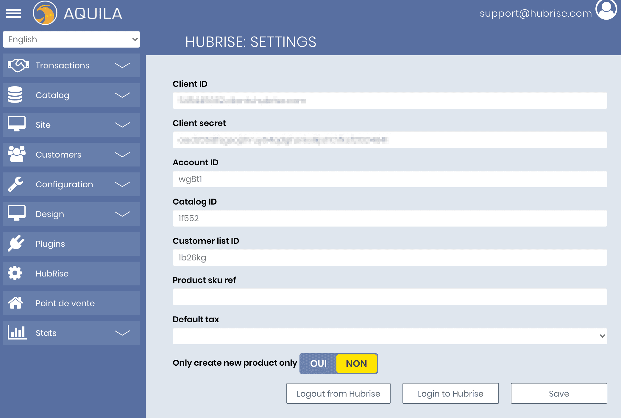 HubRise Settings on Aquila