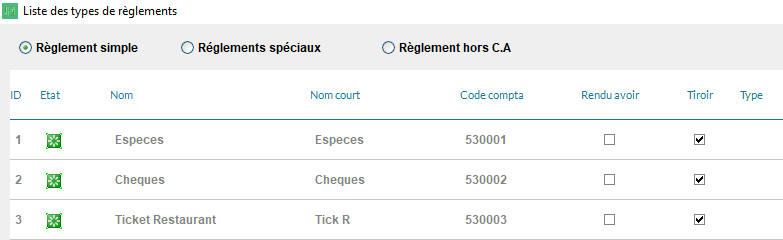 Associer les codes ref - Types de règlement