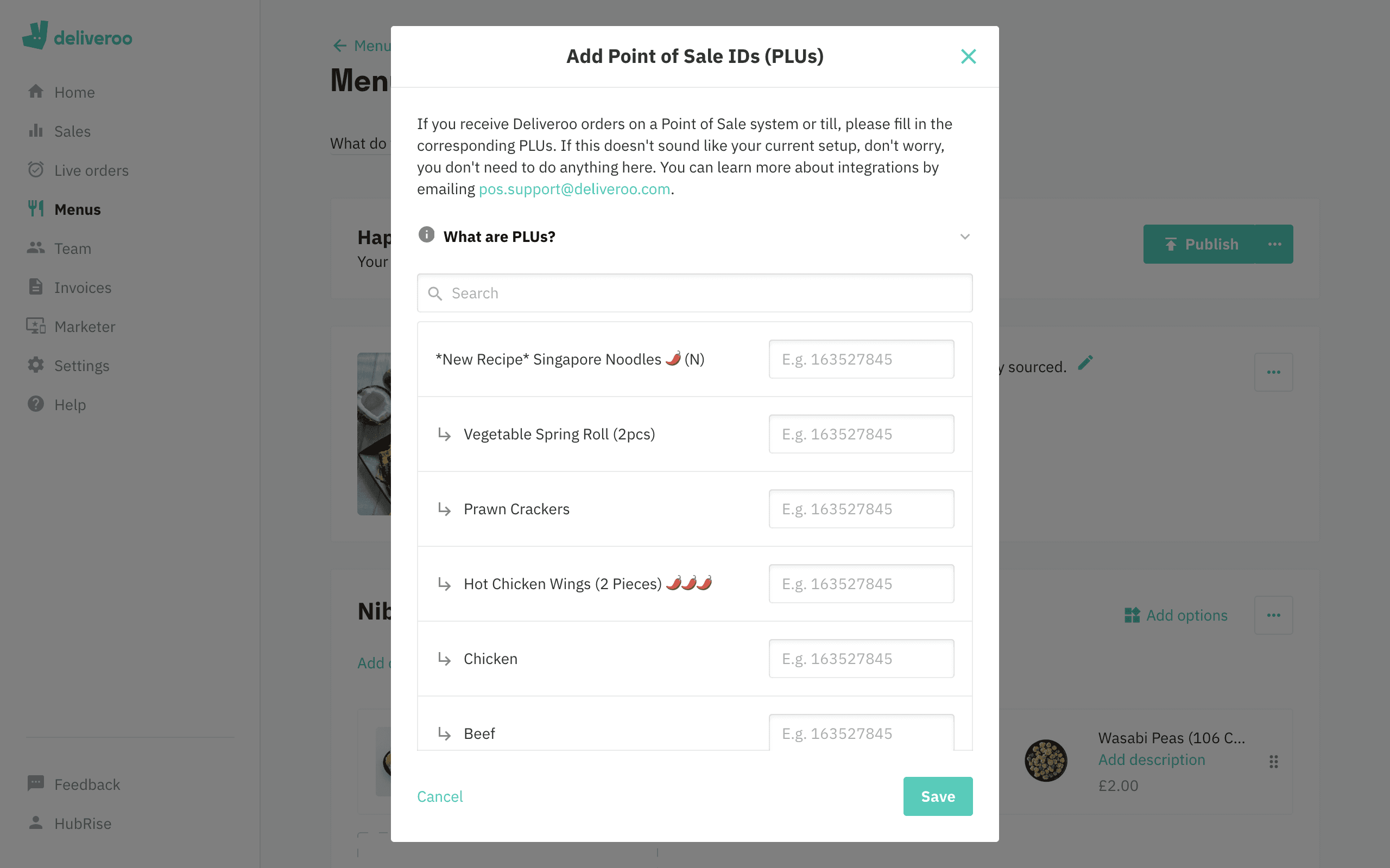 Deliveroo Add PLUs pop-up window