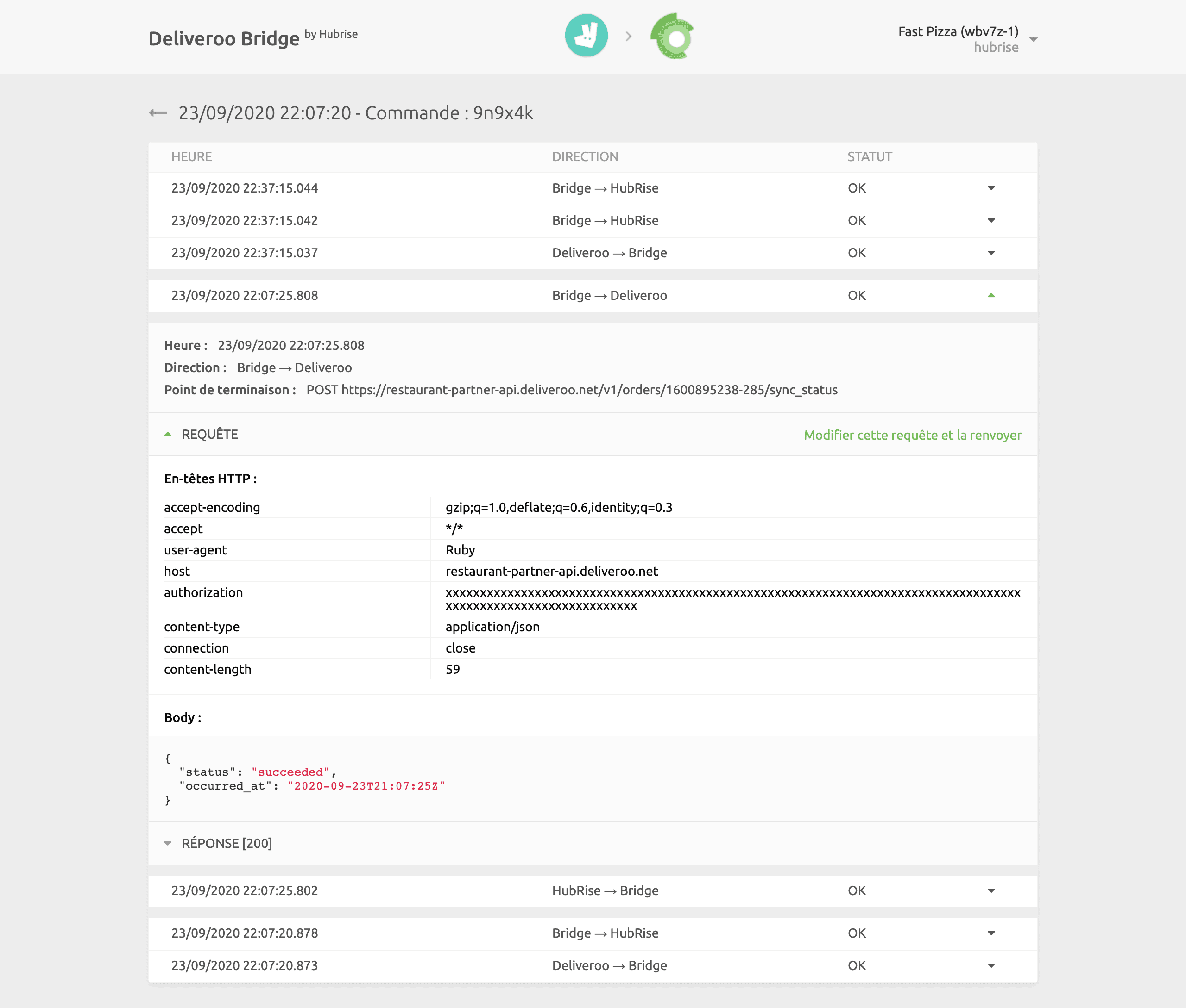 Page des logs de commandes sur Deliveroo Bridge