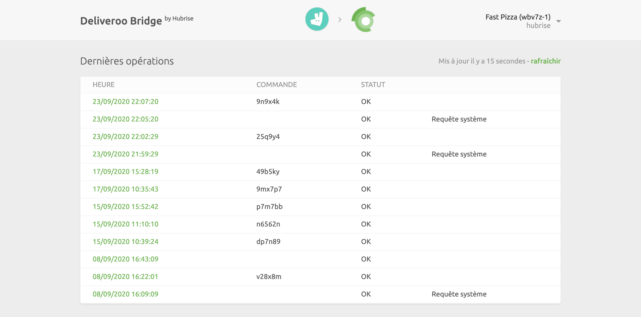 Page des opérations de Deliveroo Bridge sur HubRise