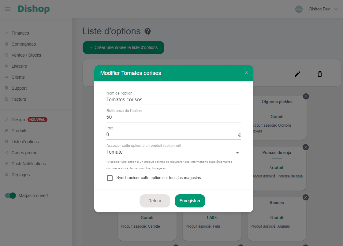 Associer les codes ref - Options