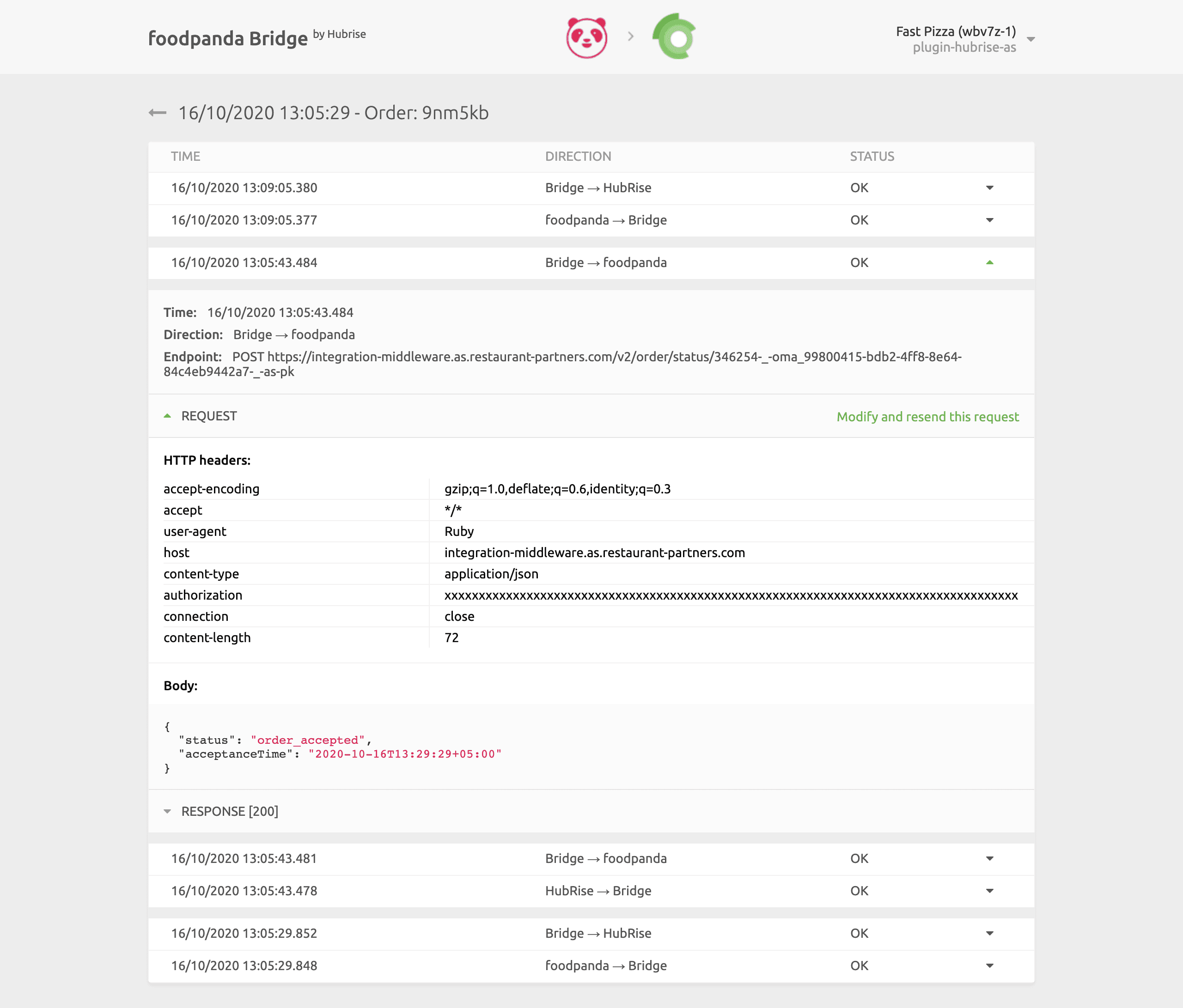 Order logs page on foodpanda Bridge