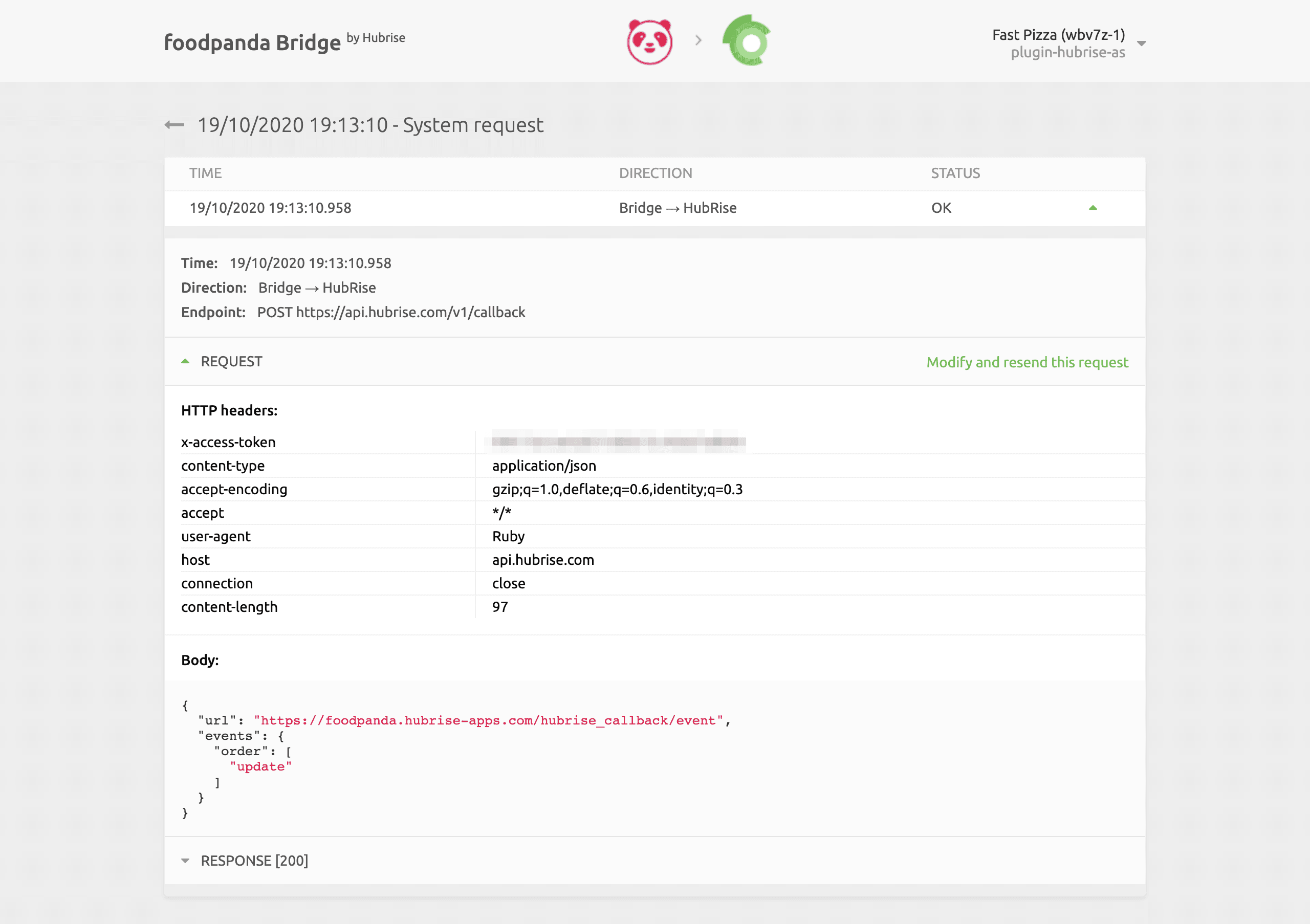 System request page on foodpanda Bridge