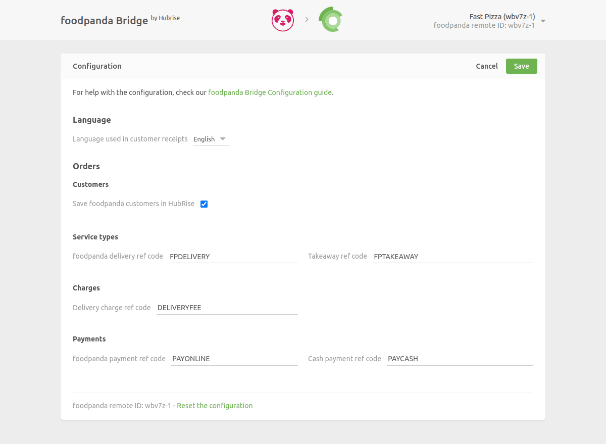 foodpanda Bridge configuration page