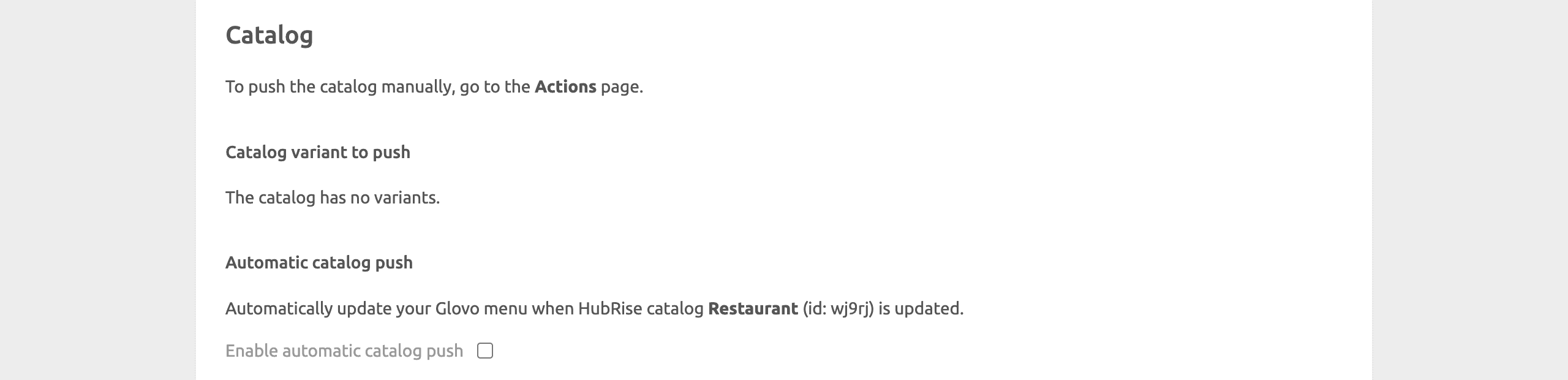 Glovo Bridge configuration page, Catalog section