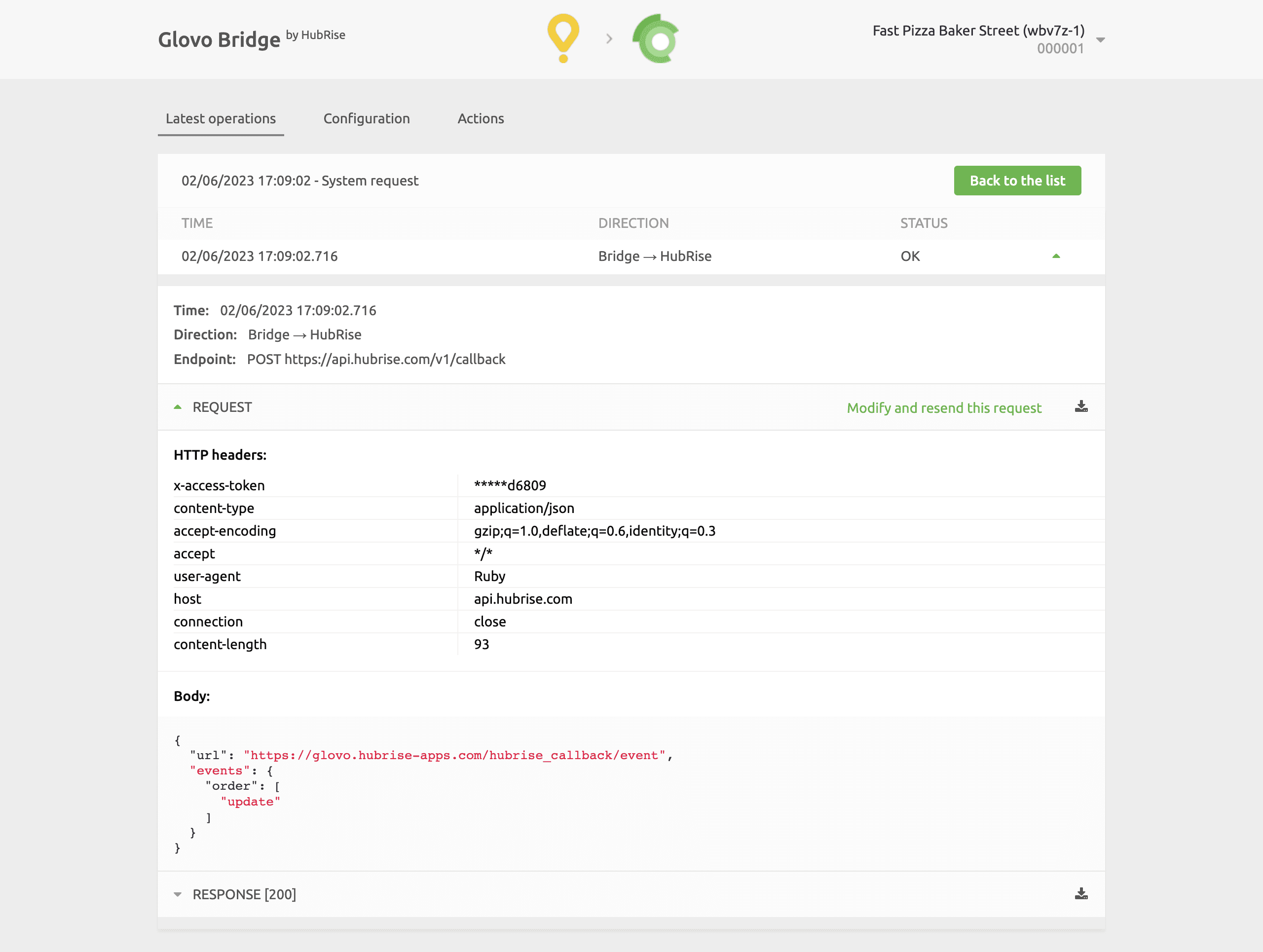 System request page on Glovo Bridge