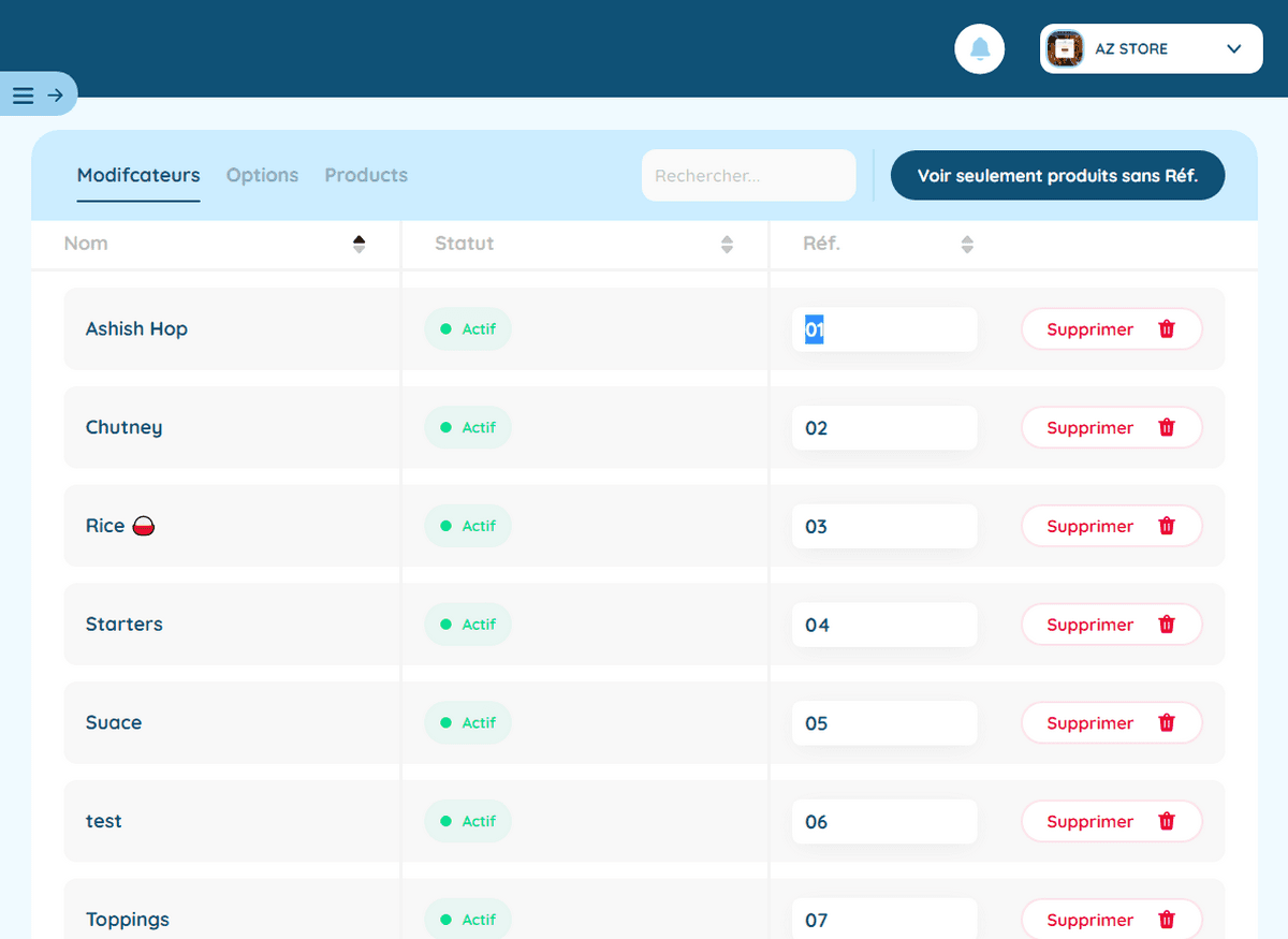 Associer les codes ref - Options