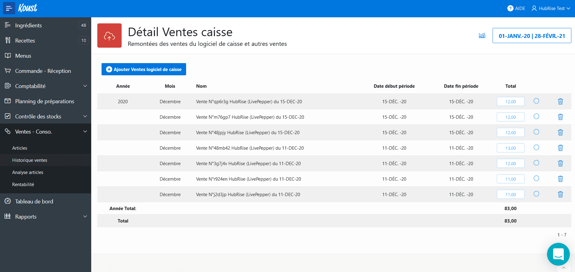 Interface utilisateur - Liste des commandes