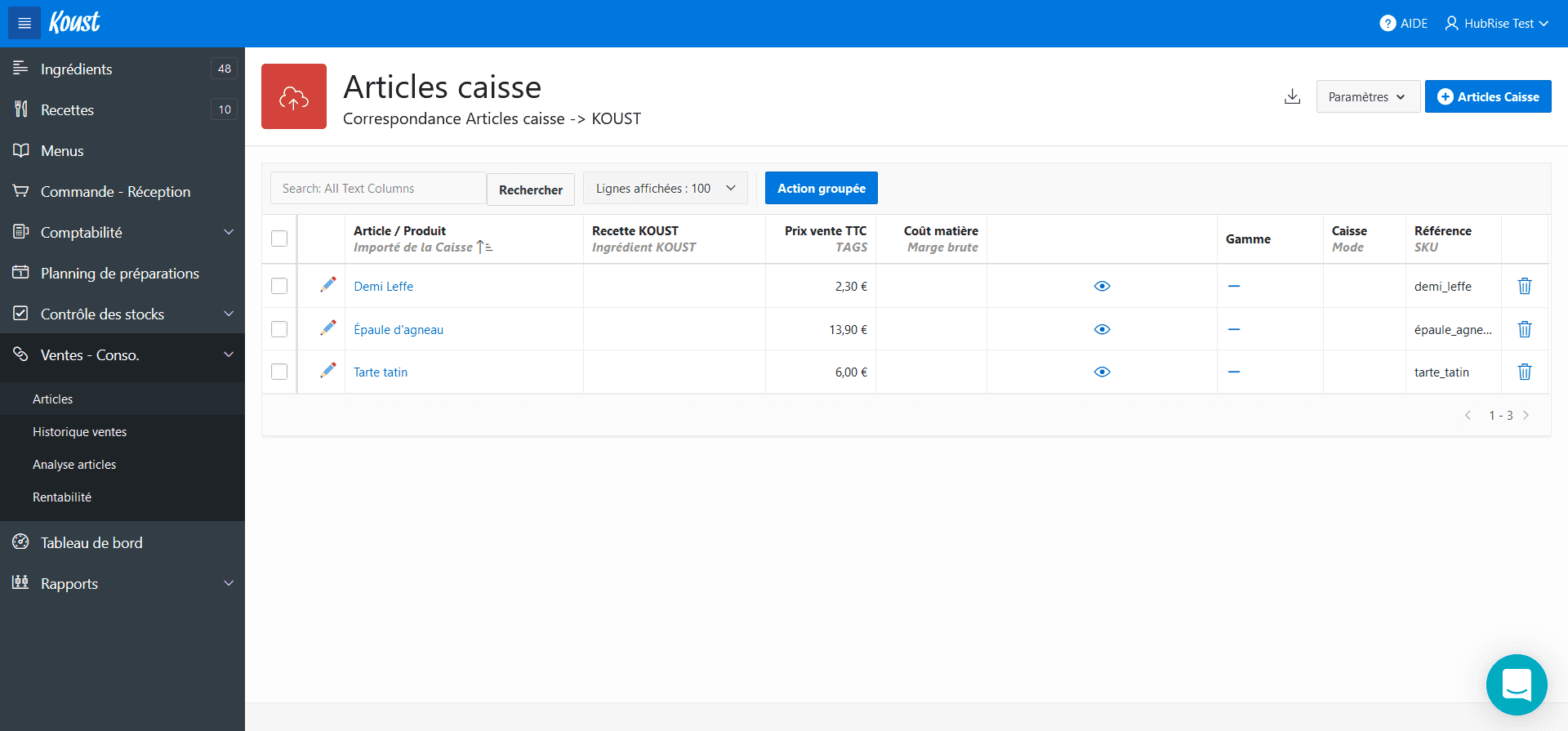 Utilisation sans logiciel de caisse - Liste des articles