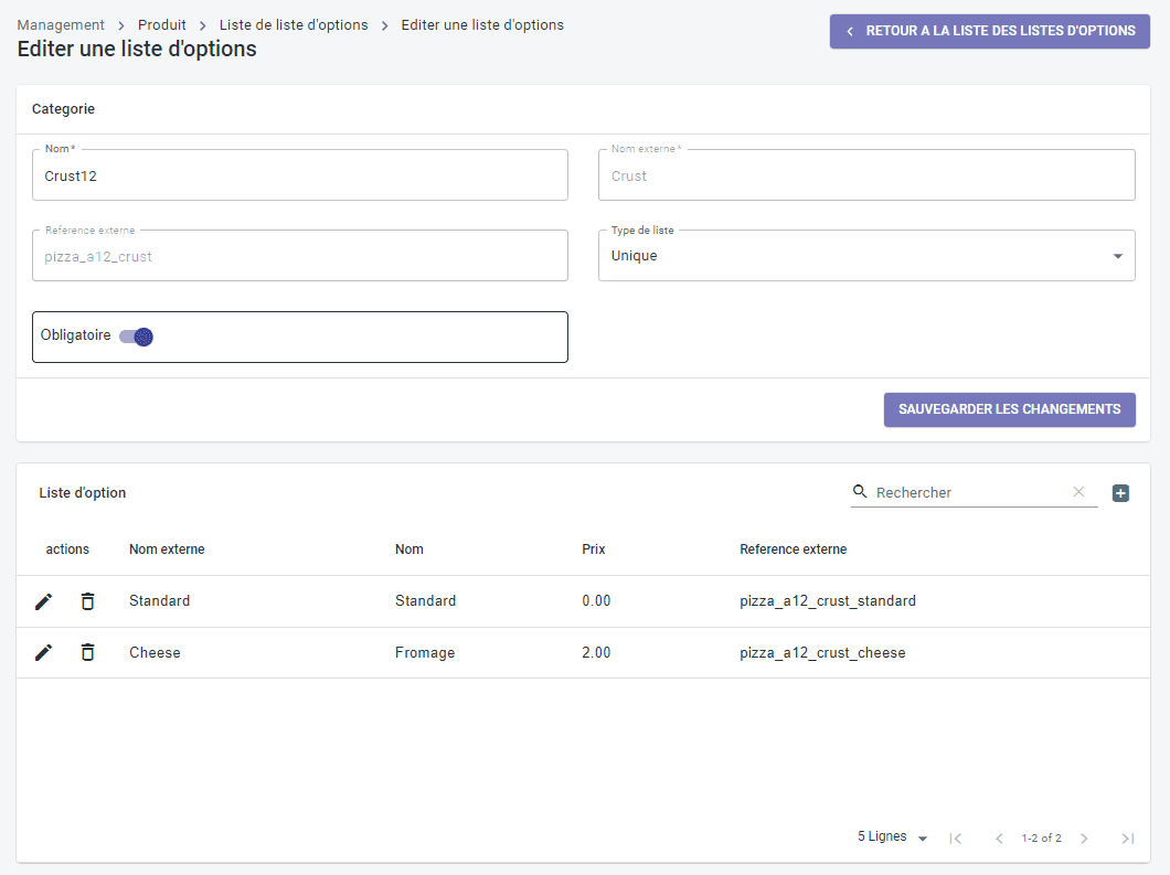 Associer les codes ref - Éditer une option