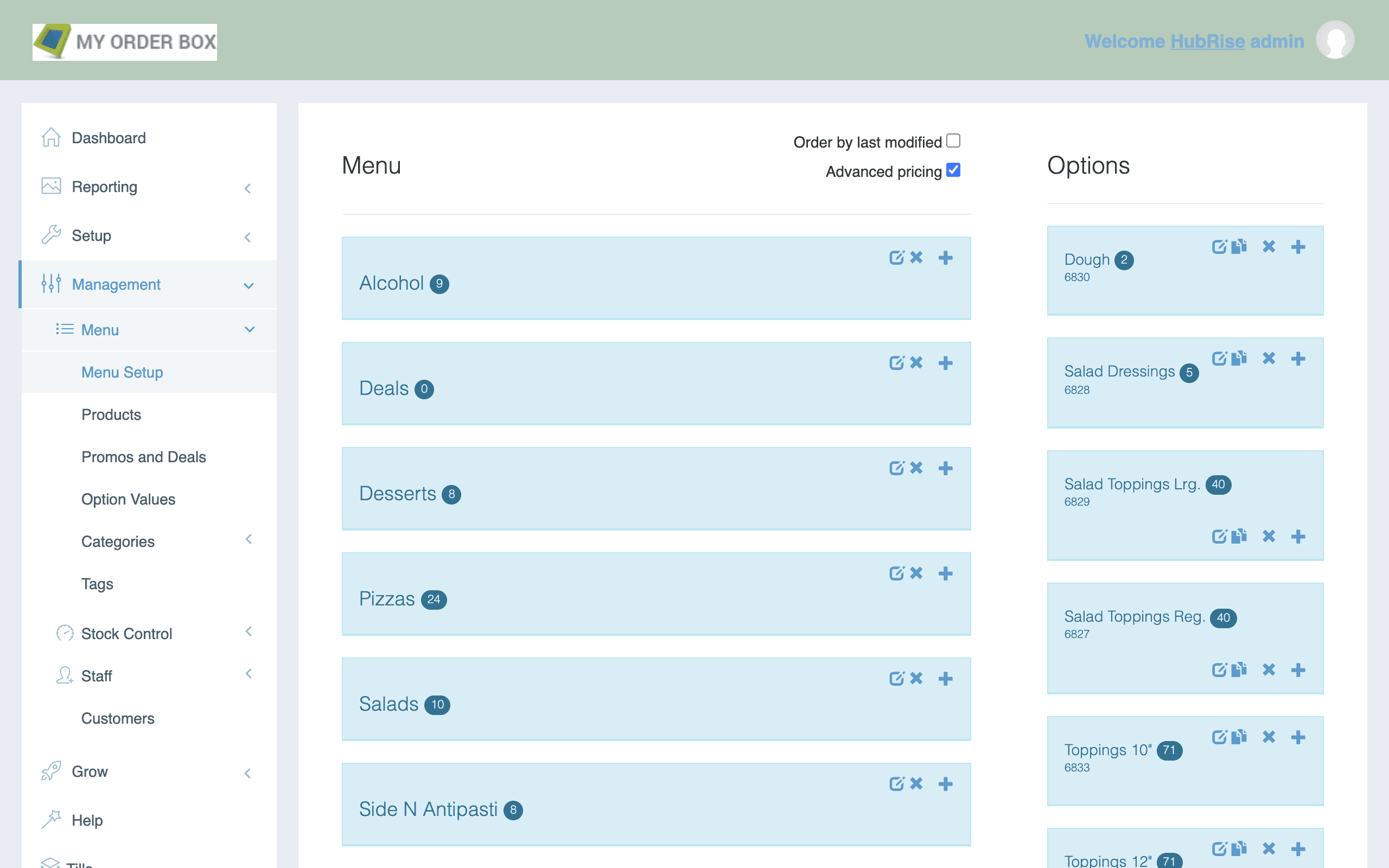 The Menu setup page in MyOrderBox back office