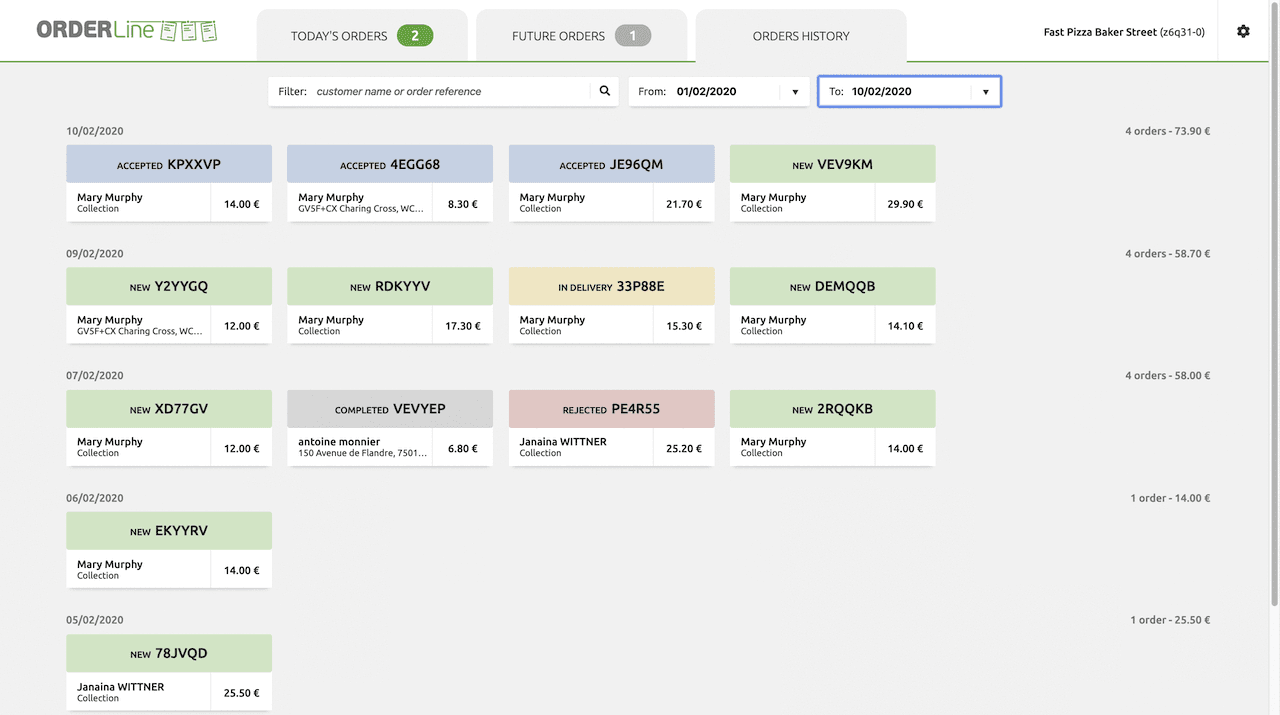 OrderLine Orders History Tab