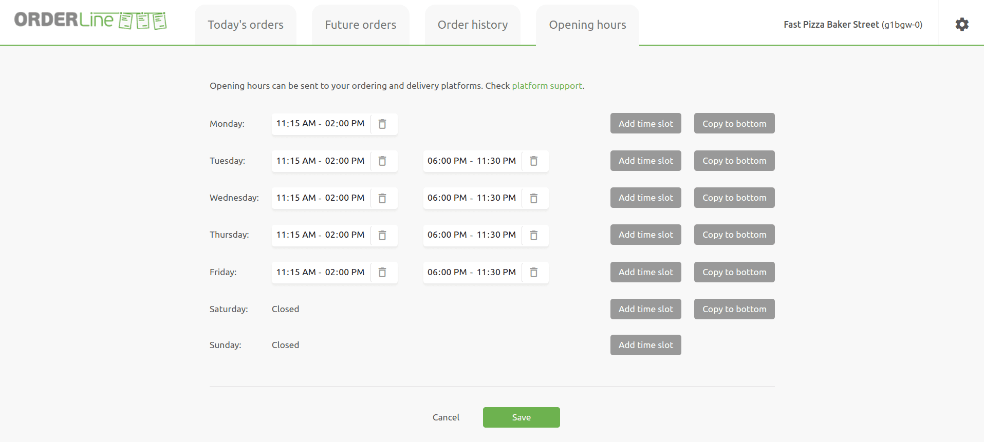 OrderLine Opening Hours Tab