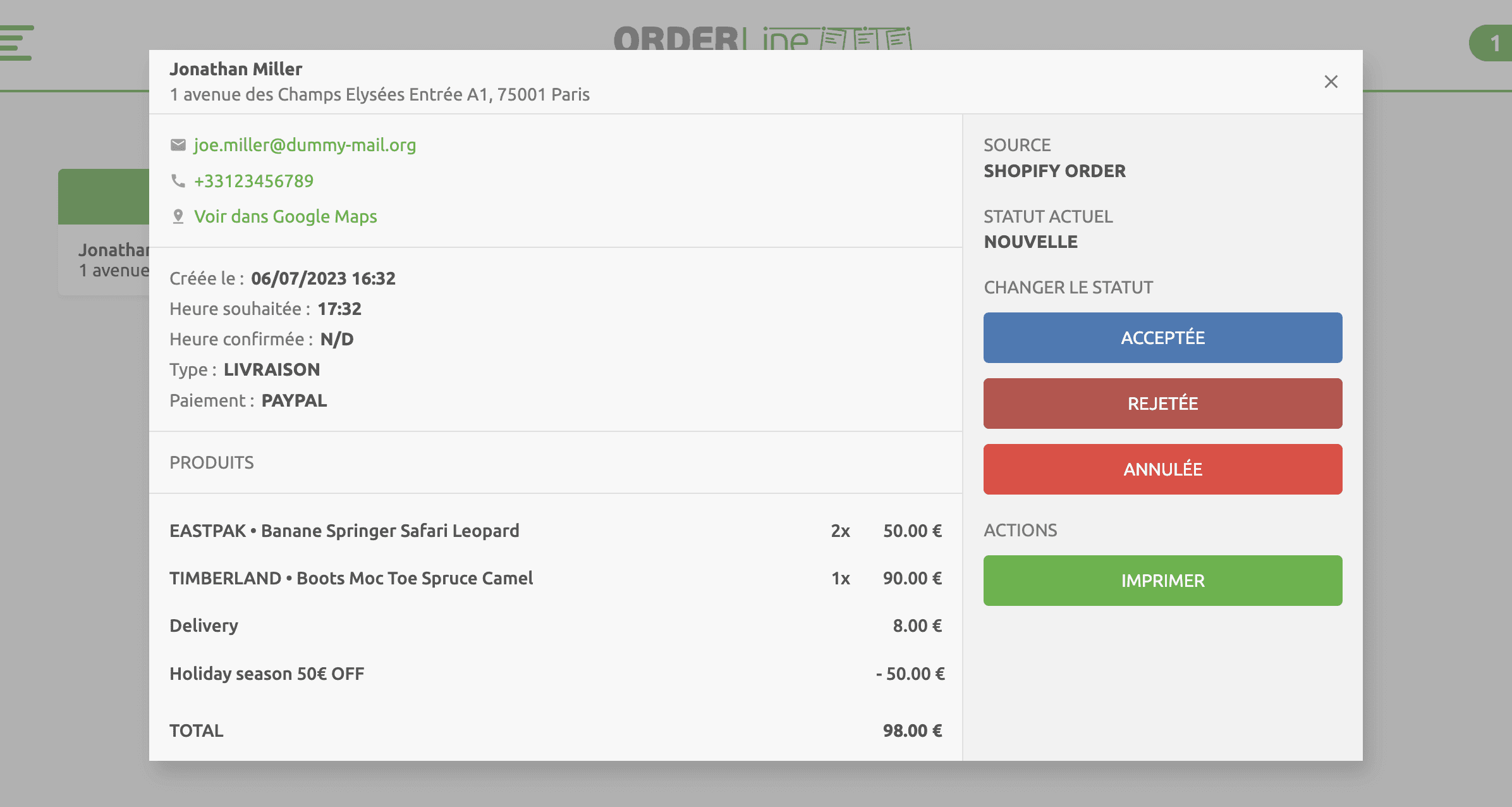 Détails de la carte de commande OrderLine