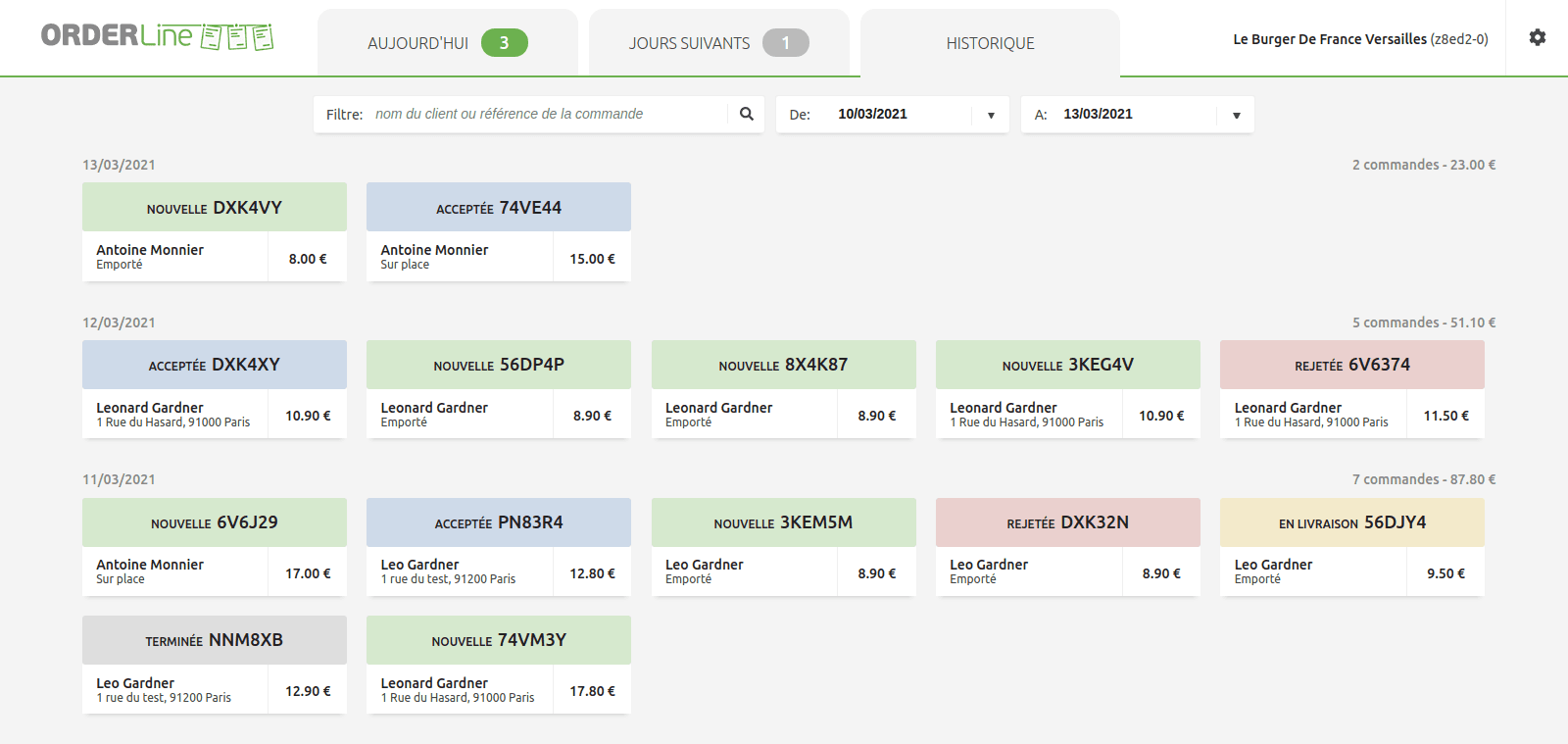 Onglet Historique des commandes de OrderLine