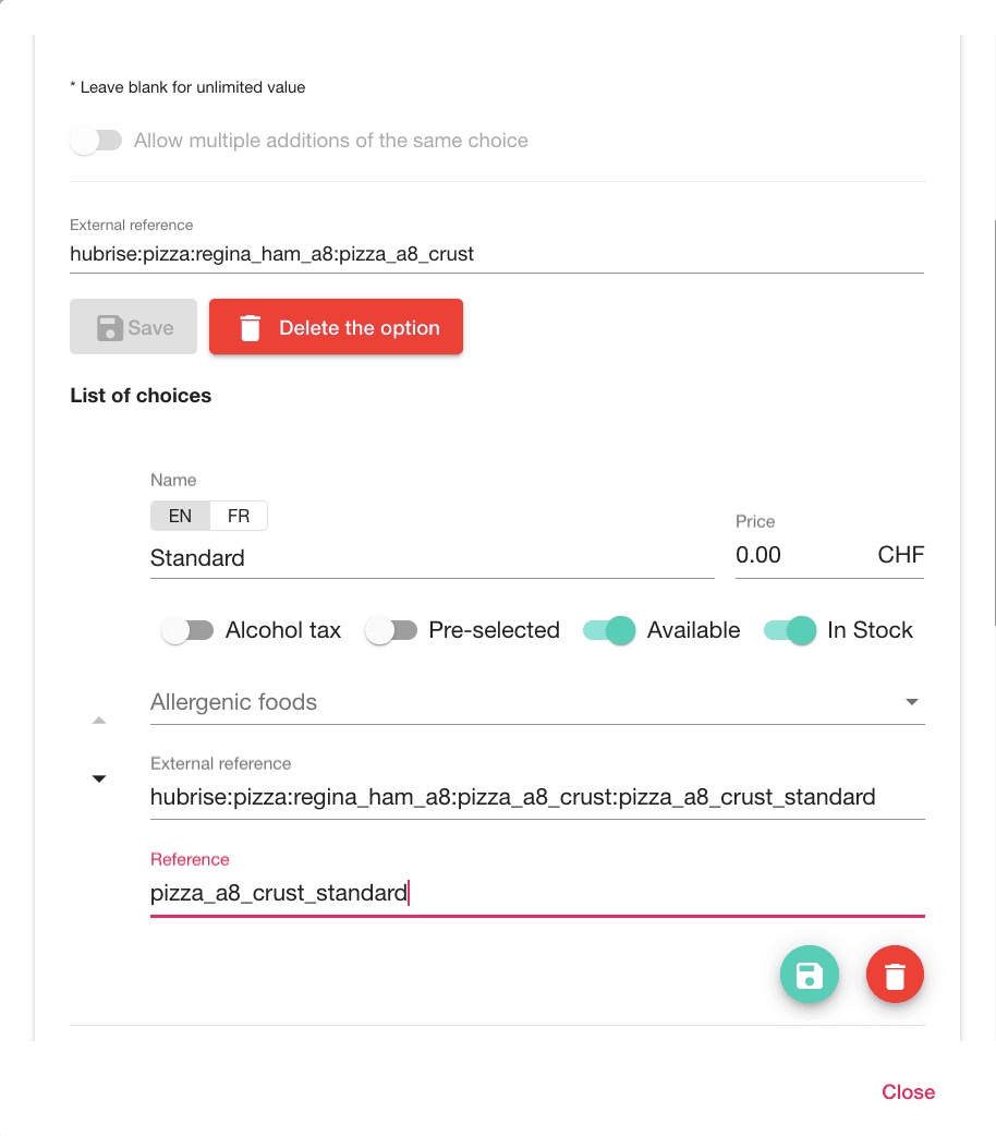 Option ref code in the Smood back office