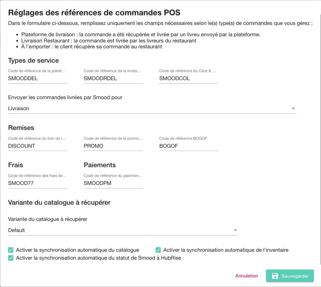 Page de configuration Smood