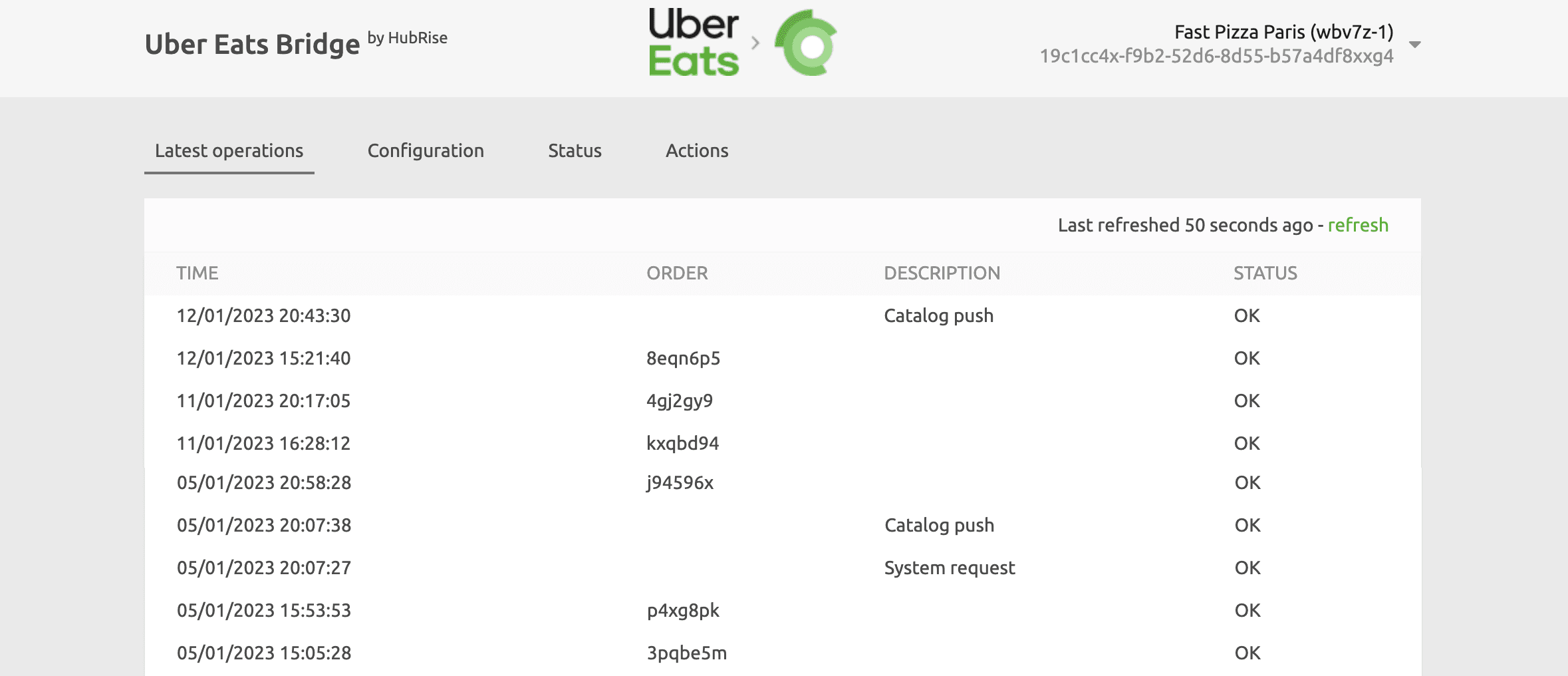 Operations page of Uber Eats Bridge developed by HubRise