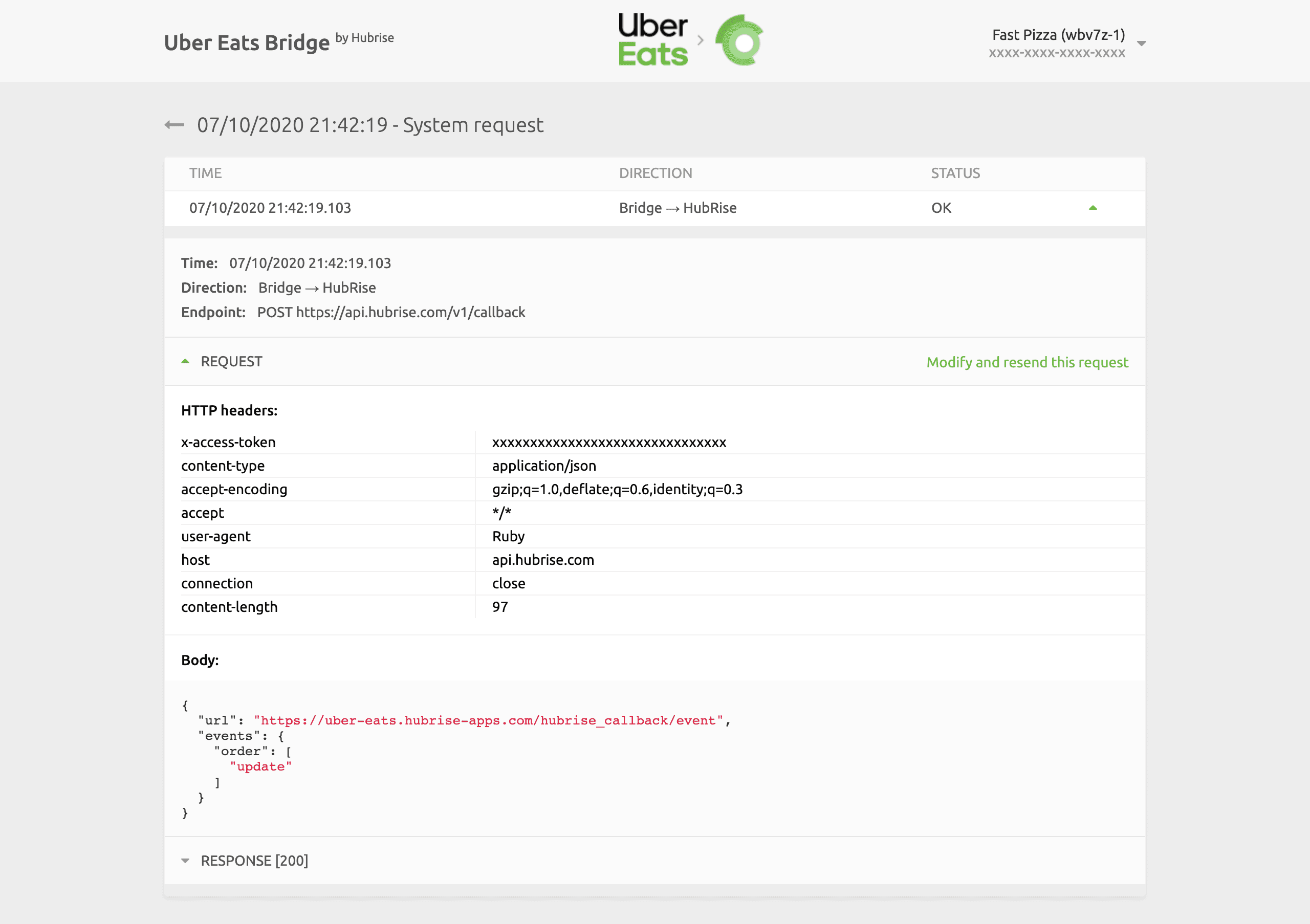 System request page on Uber Eats Bridge