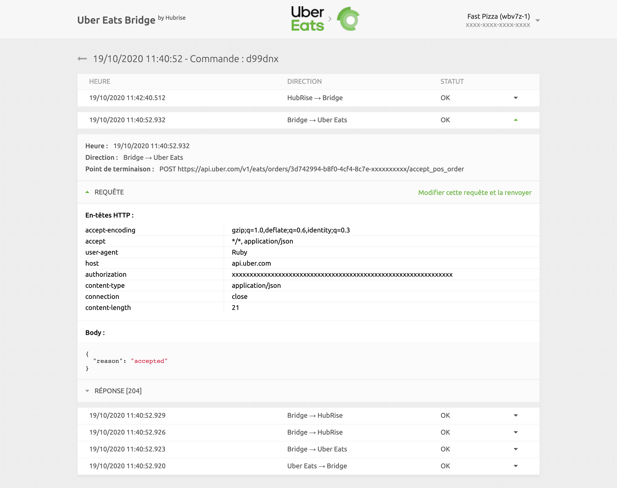 Page des logs de commande sur Uber Eats Bridge