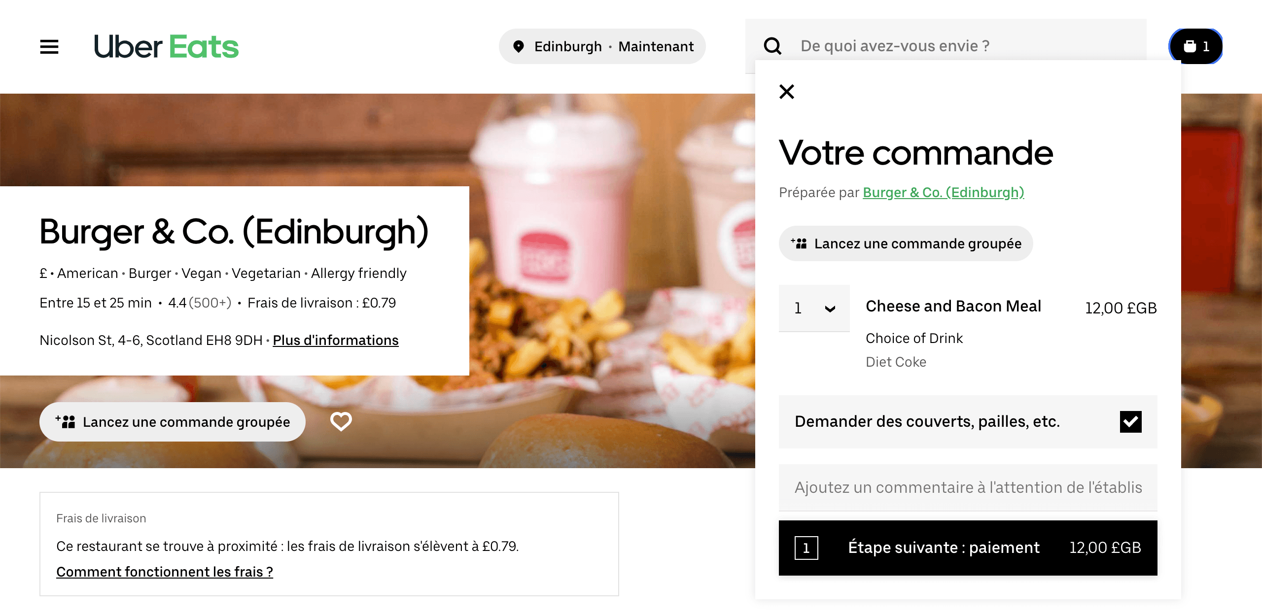 Case à cocher des articles jetables lors du paiement sur Uber Eats