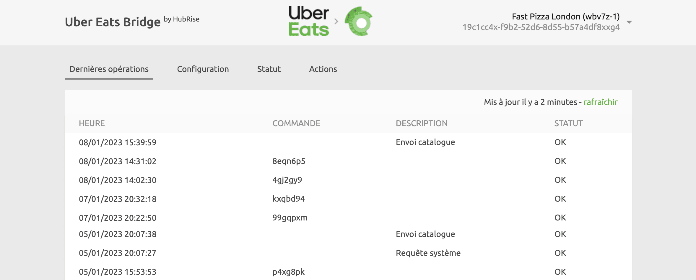 Page des opérations d'Uber Eats Bridge, développé par HubRise