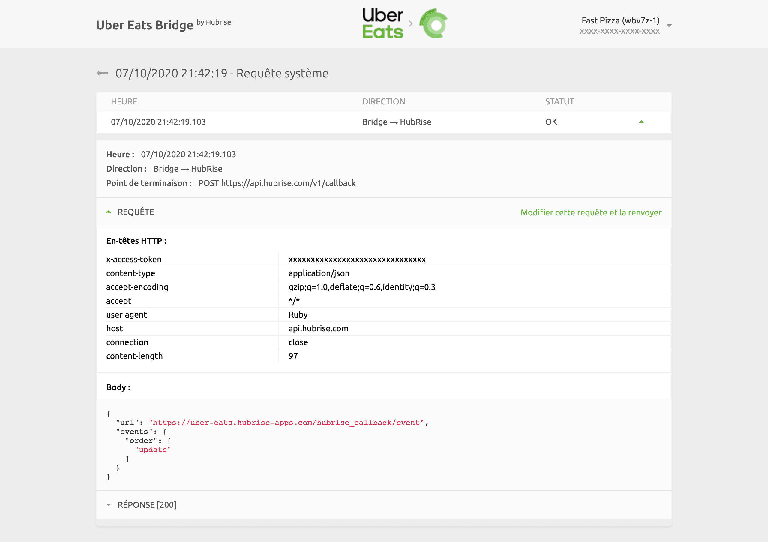 Page de requête système sur Uber Eats Bridge