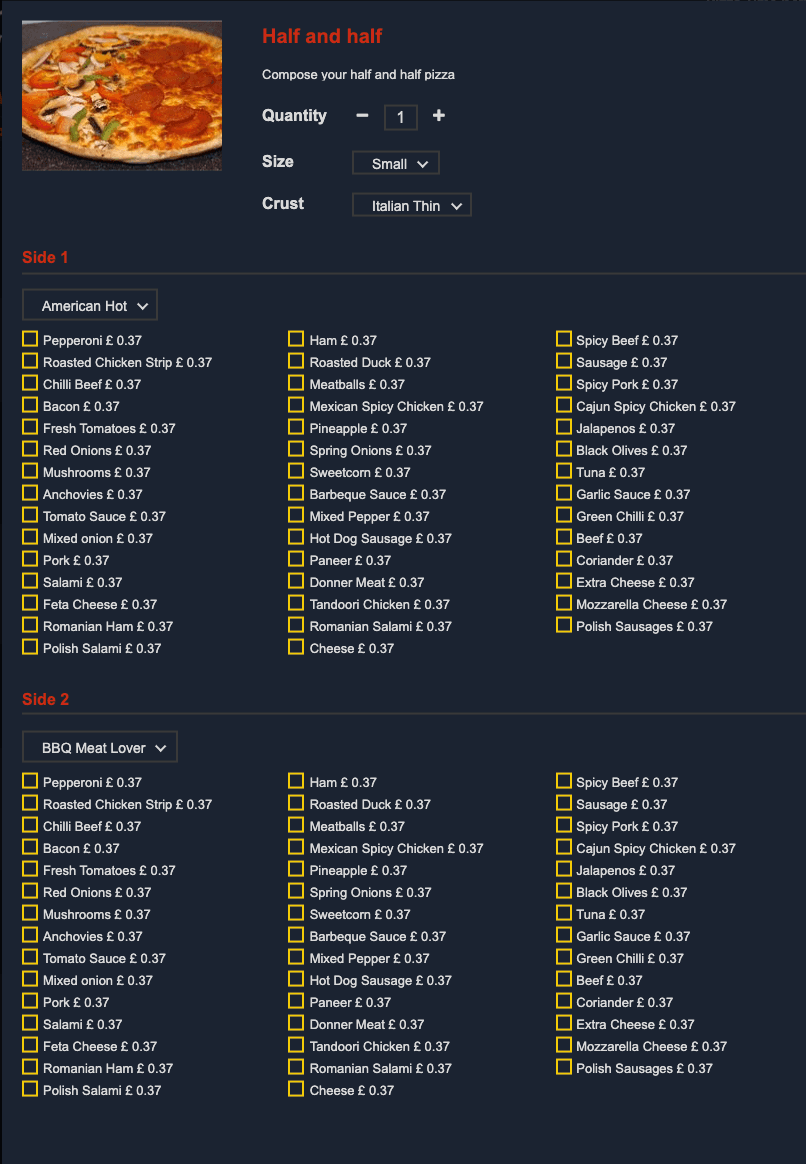 Half & half pizza in an online ordering solution