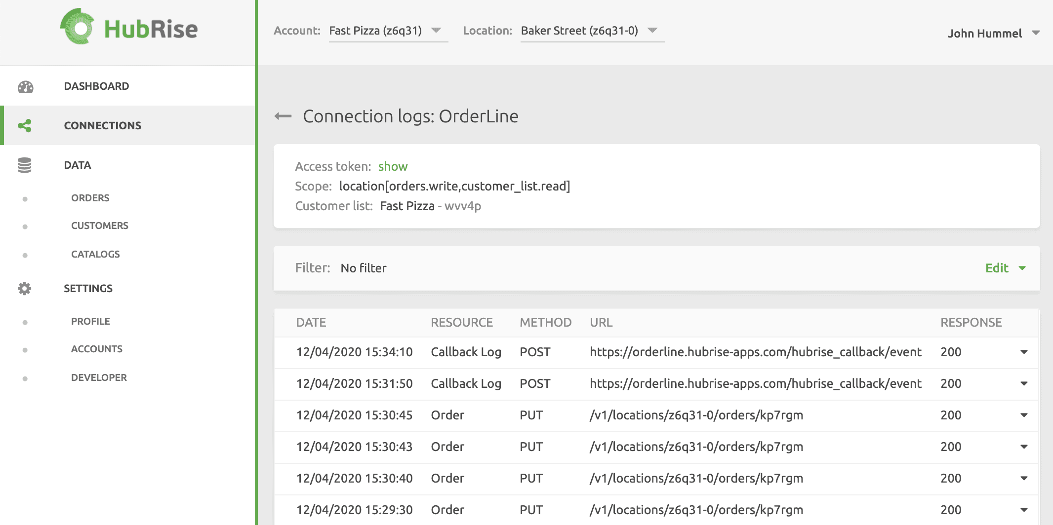 HubRise Connection logs