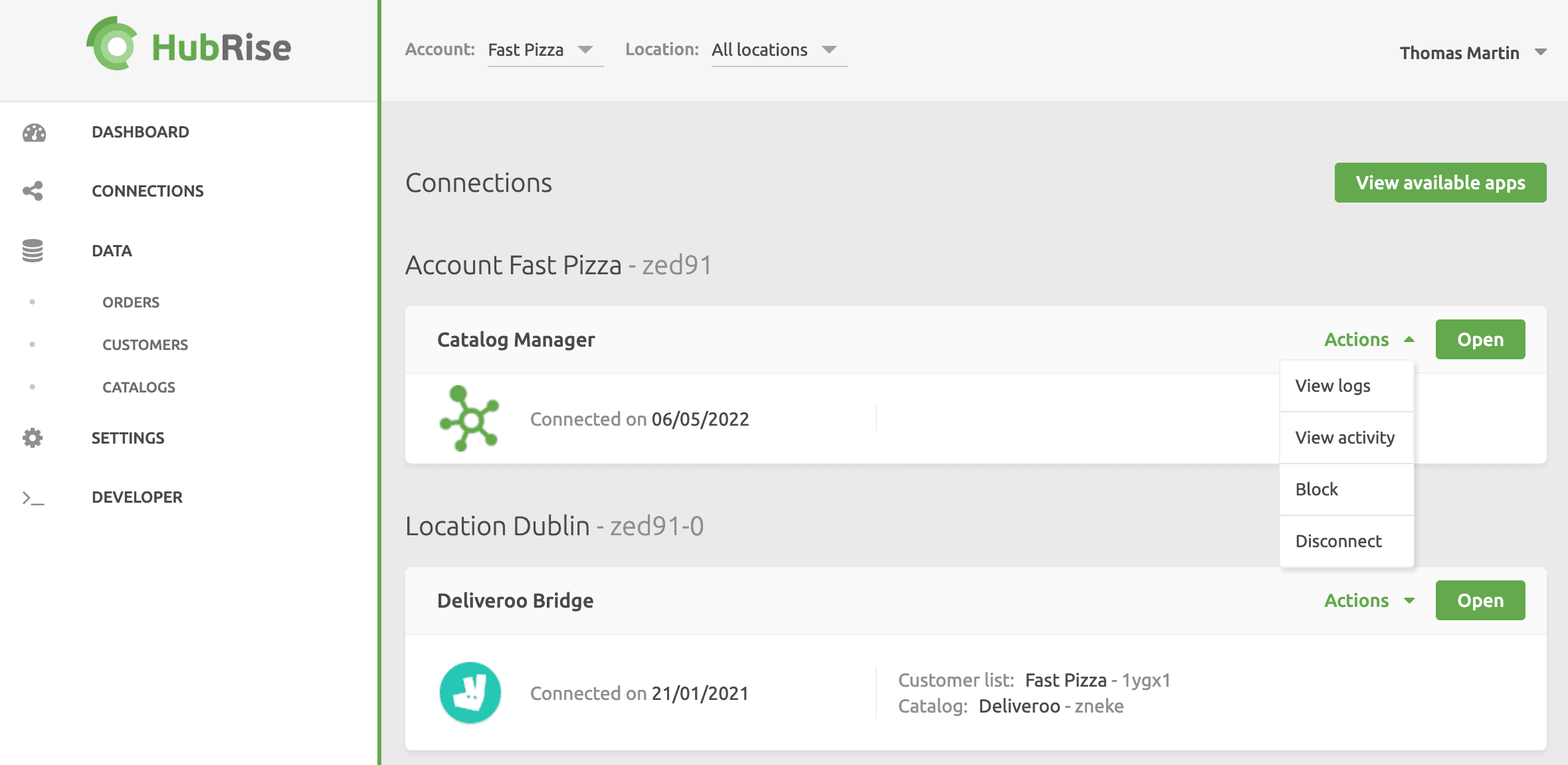 HubRise Connection - Remove an app