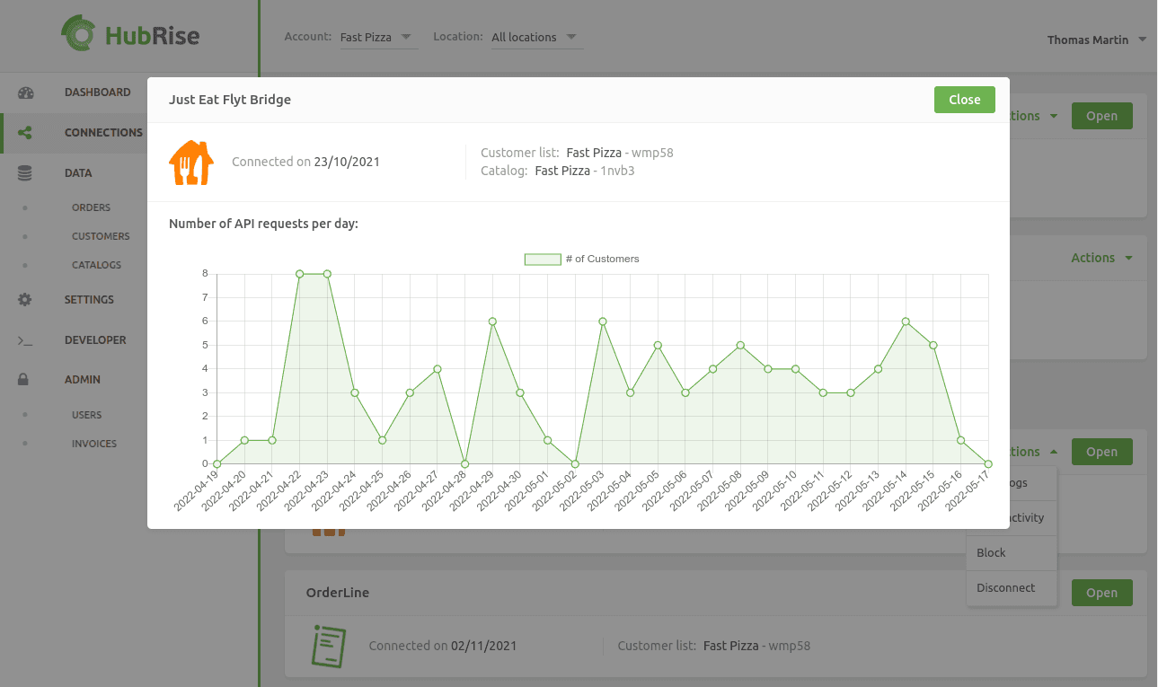 HubRise Connection - Activity Displayed