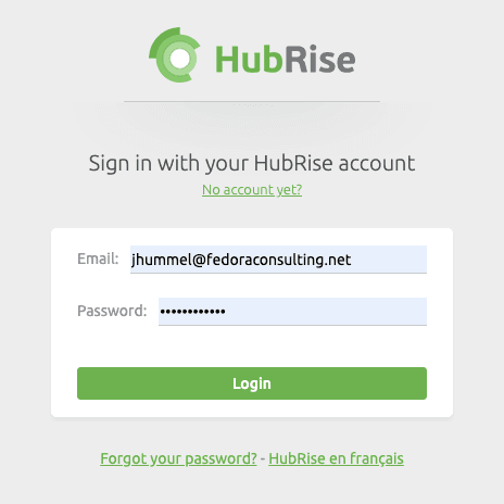 HubRise Login Screen