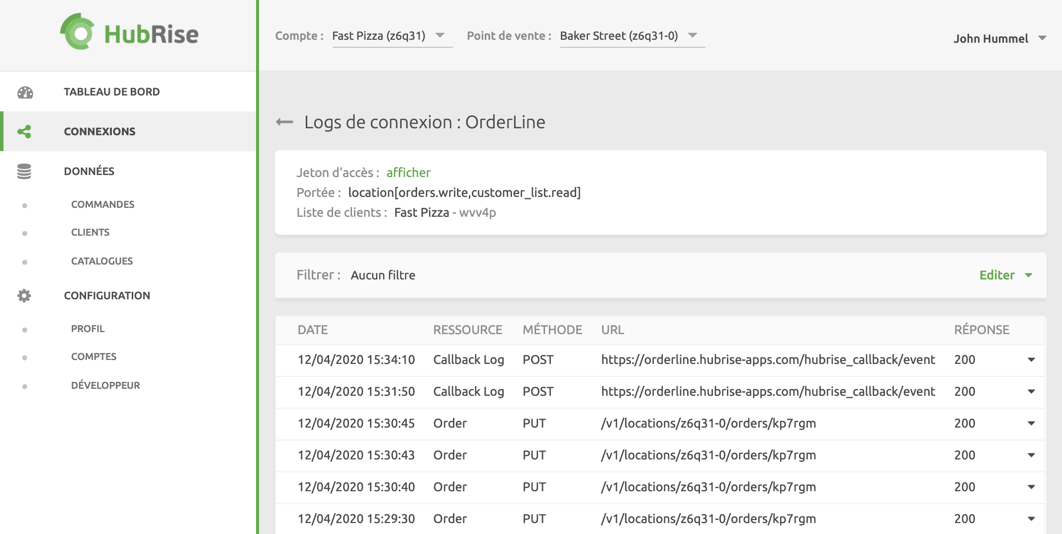 Logs de connexion à HubRise