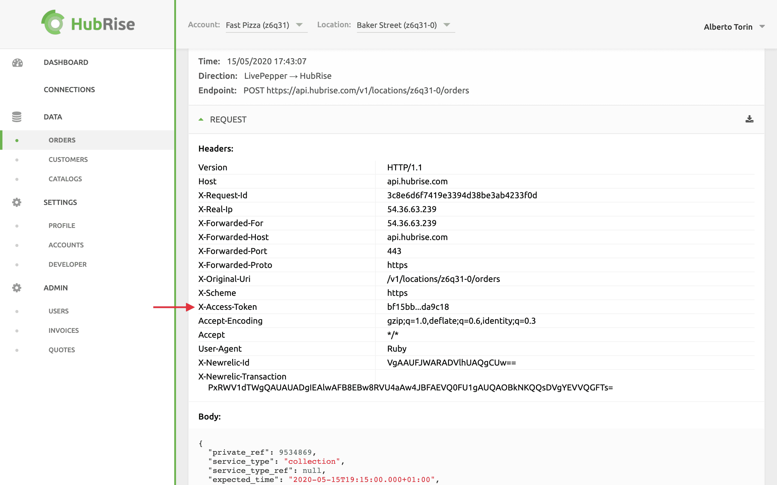 Authentication Token in HubRise Request